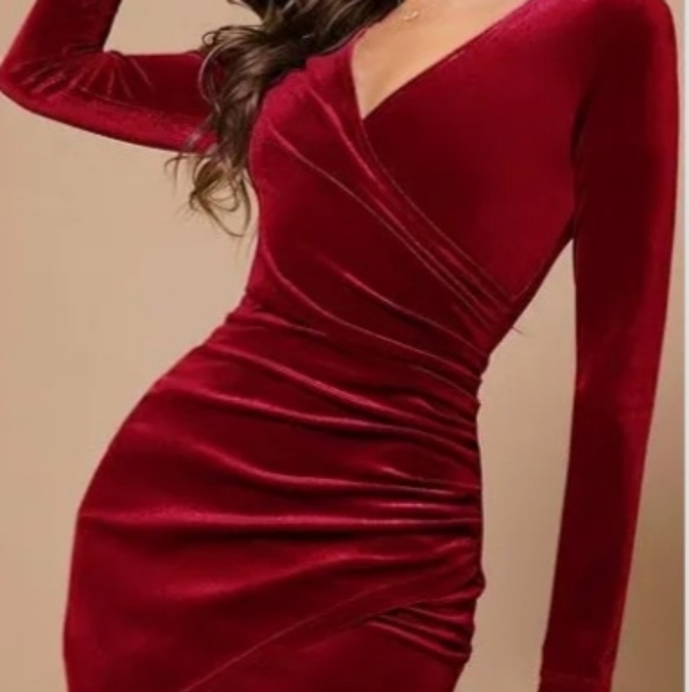 Velvet Long Sleeve Dress in Rich Red